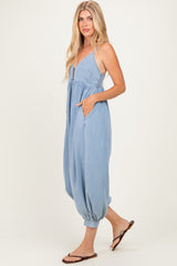 Denim Blue Sleeveless Button Down Jumpsuit