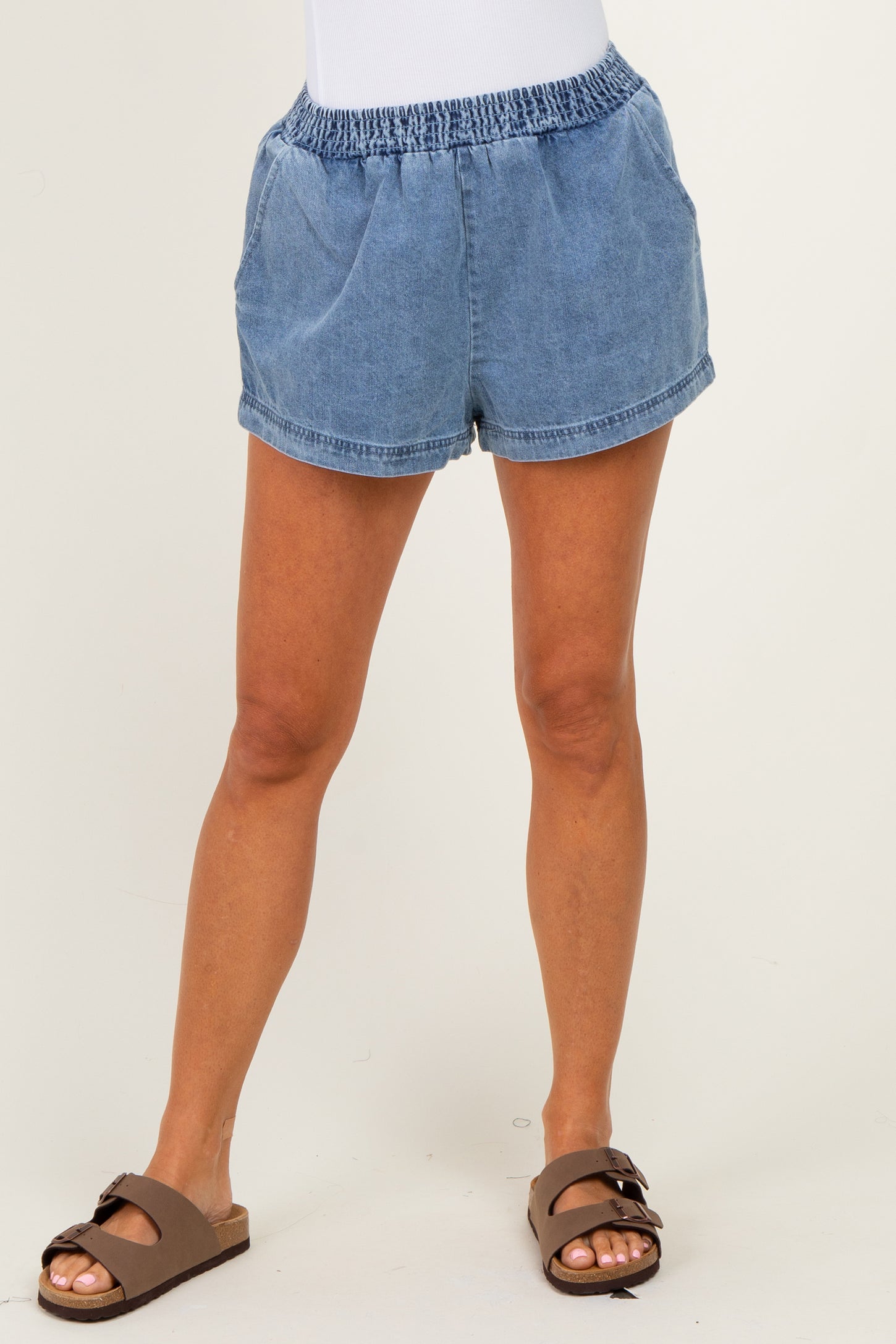 Light Denim Elastic Waist Chambray Shorts