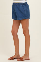 Dark Denim Elastic Waist Chambray Maternity Shorts