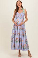 Lavender Floral Sweetheart Neckline Smocked Maternity Maxi Dress