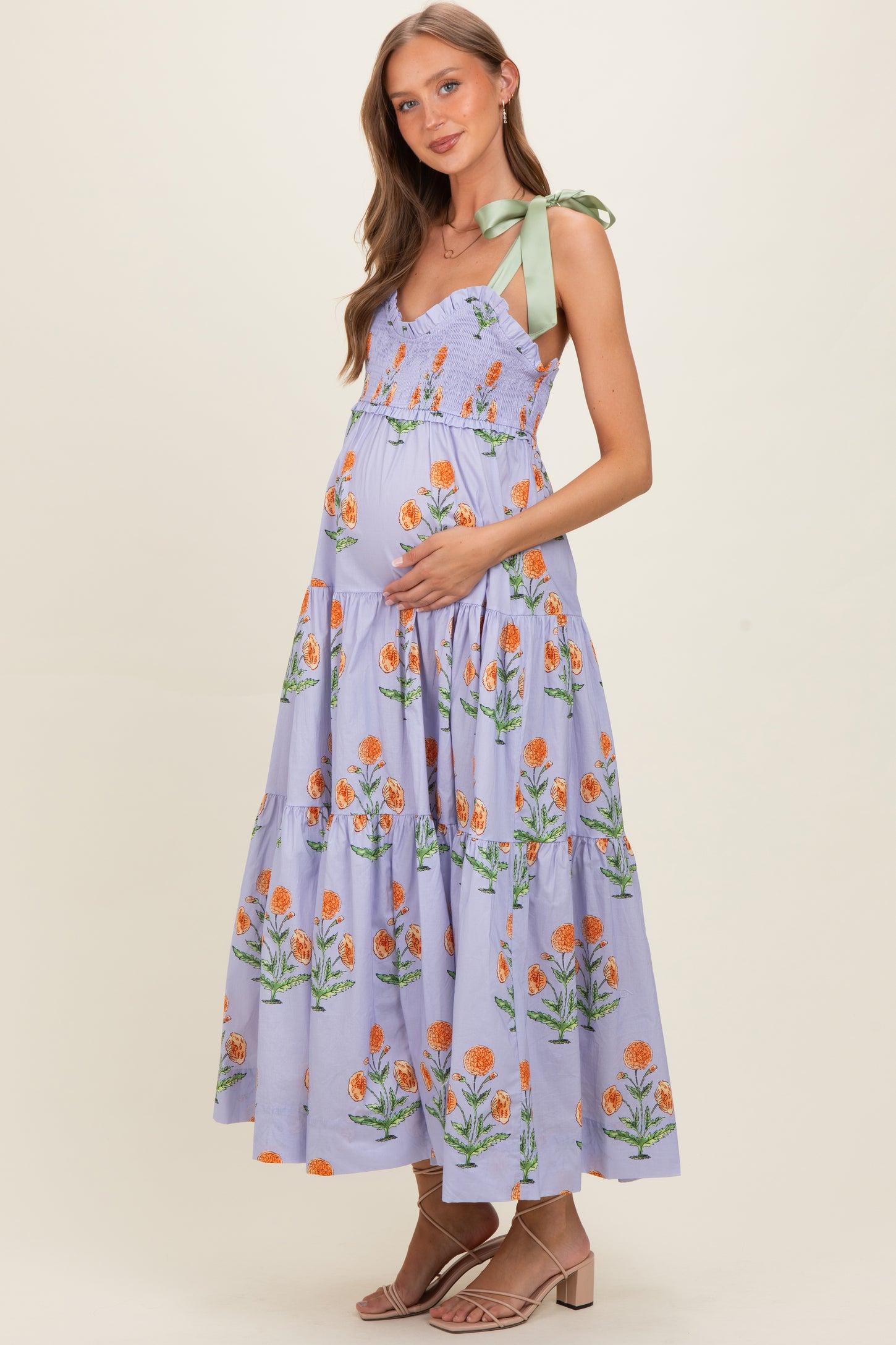 Lavender Floral Sweetheart Neckline Smocked Maternity Maxi Dress