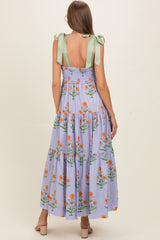 Lavender Floral Sweetheart Neckline Smocked Maternity Maxi Dress