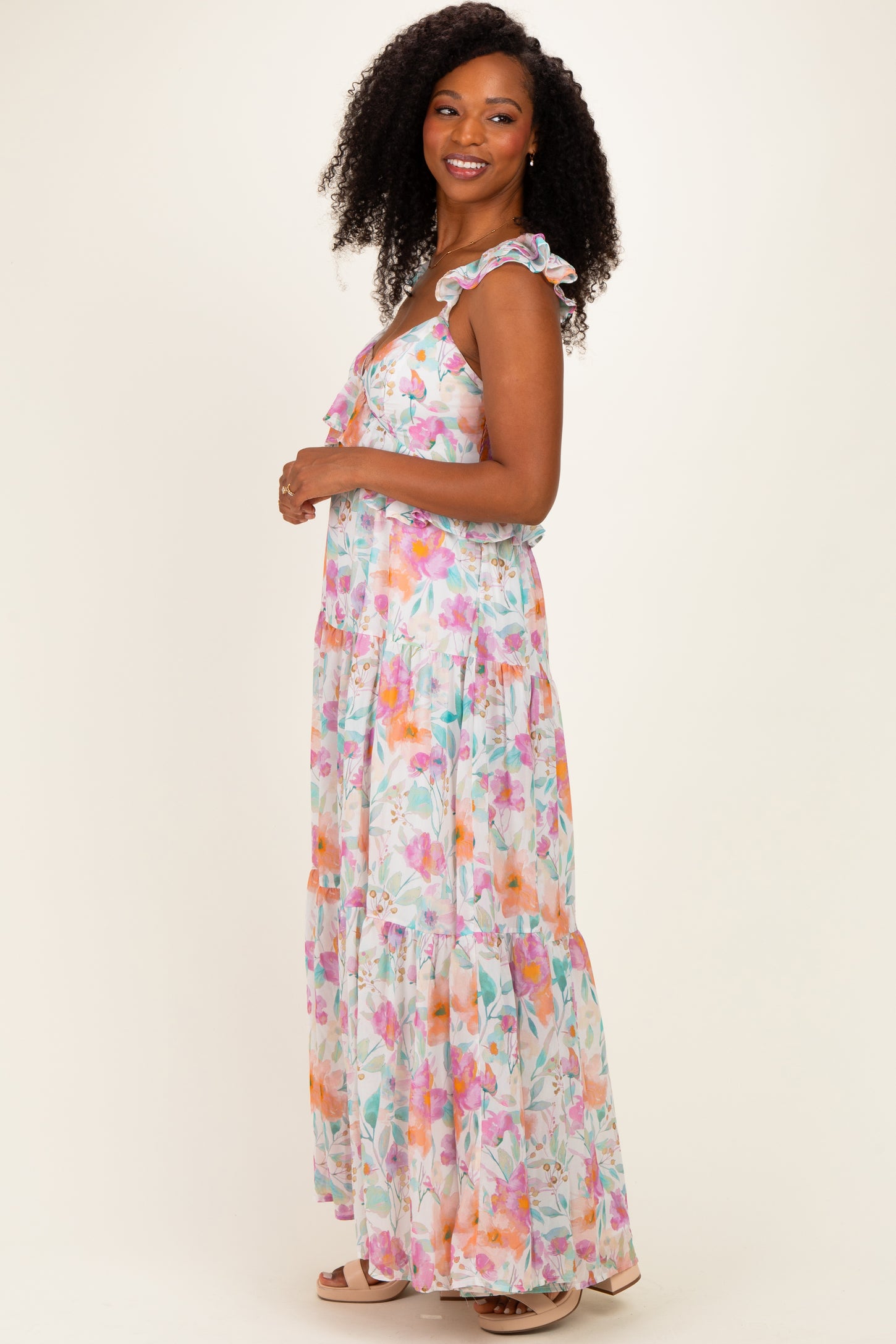 Ivory Floral Ruffle Accent Maxi Dress