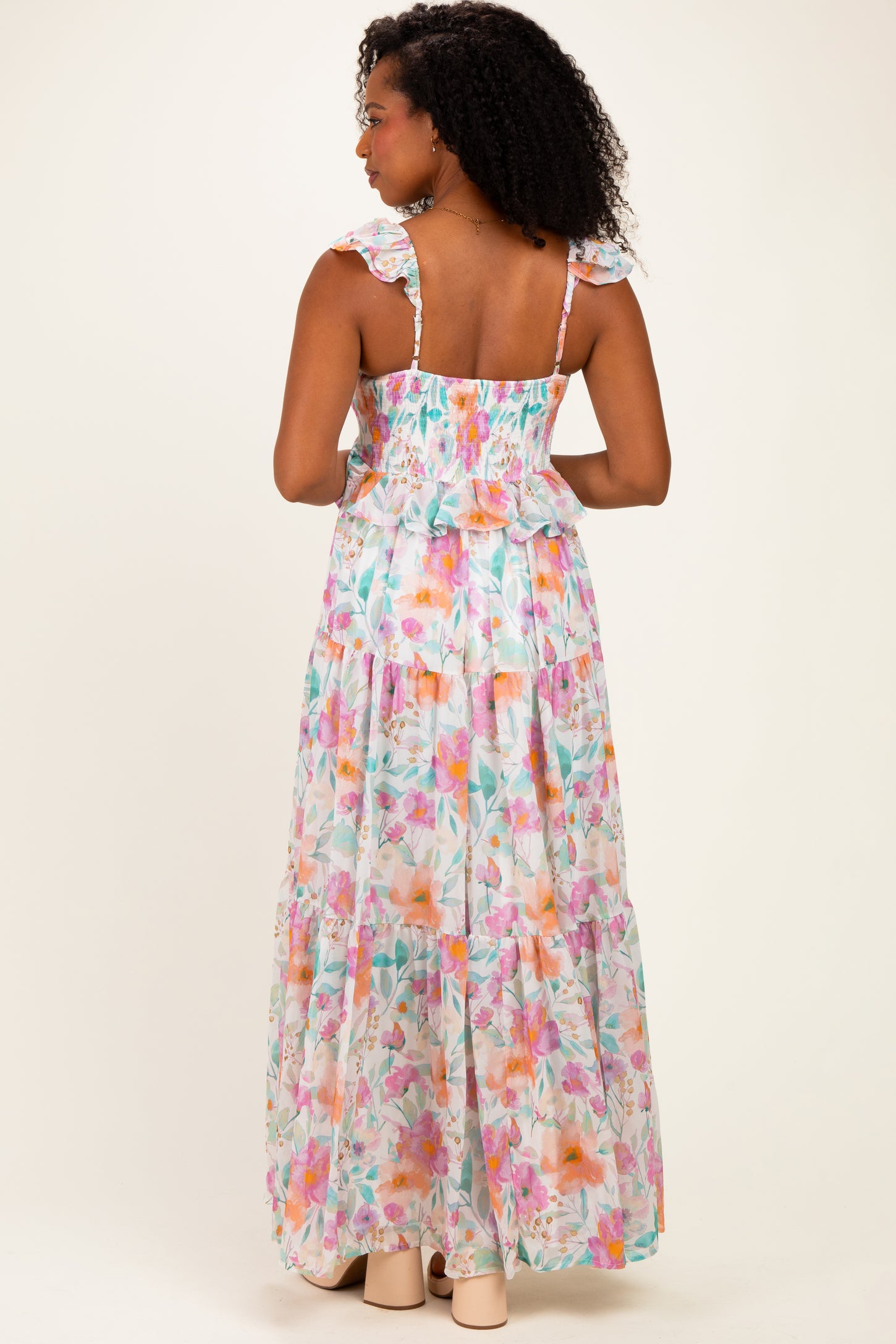 Ivory Floral Ruffle Accent Maxi Dress