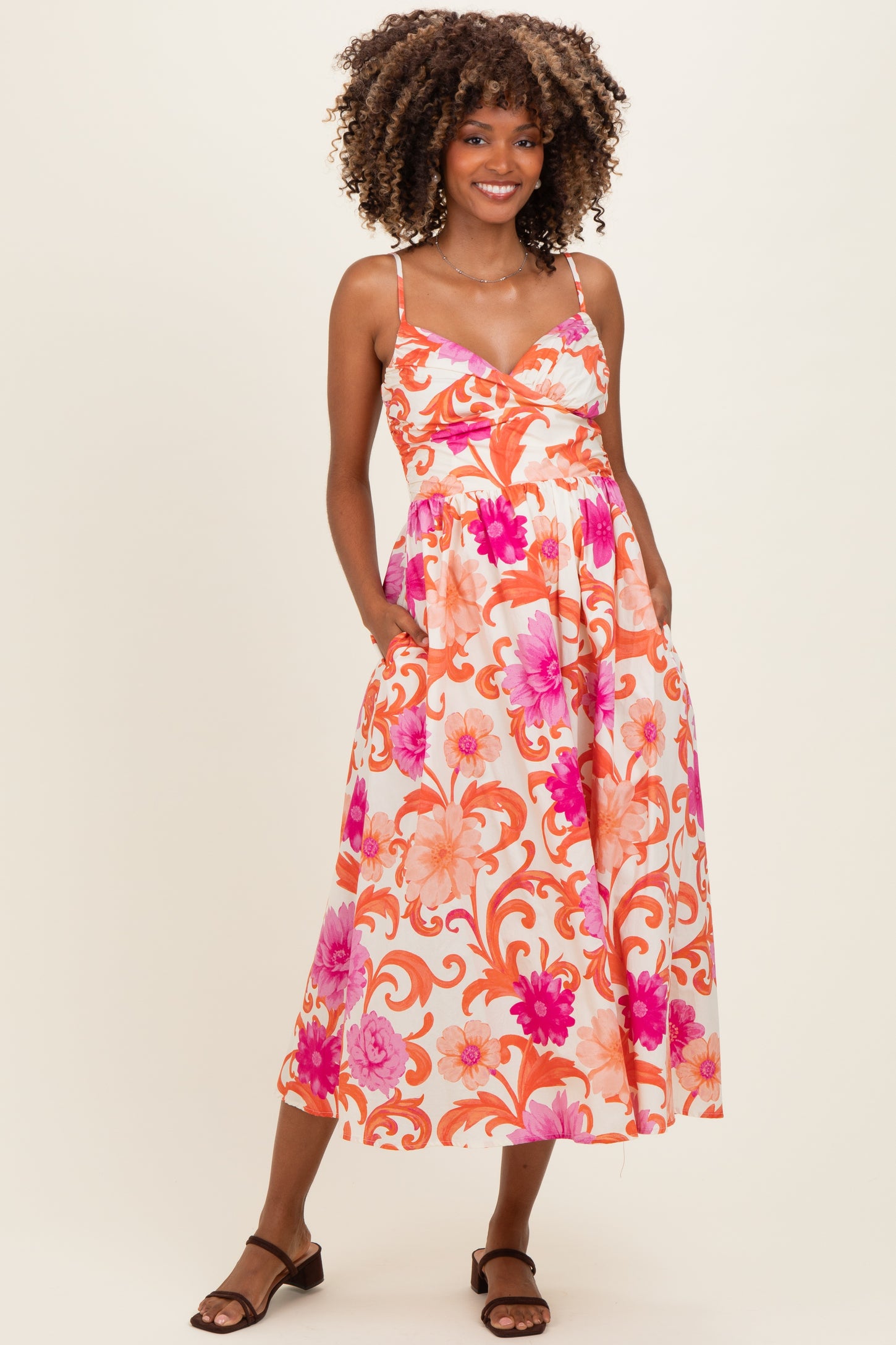 Ivory Pink Floral Wrap Maternity Midi Dress PinkBlush Ivory Pink Floral Wrap Maternity Midi Dress PinkBlush