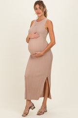 Latte High Neck Side Slit Maternity Midi Dress