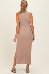 Latte High Neck Side Slit Maternity Midi Dress