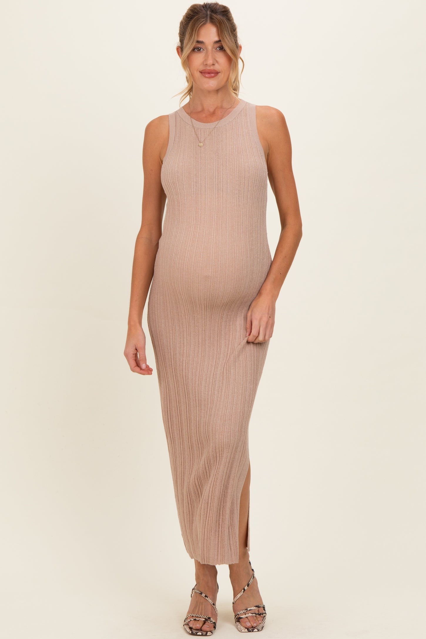 Latte High Neck Side Slit Maternity Midi Dress PinkBlush Latte High Neck Side Slit Maternity Midi Dress PinkBlush