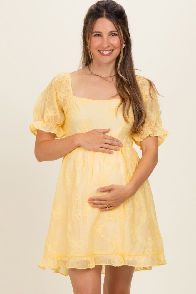 Yellow Floral Applique Puff Sleeve Maternity Mini Dress