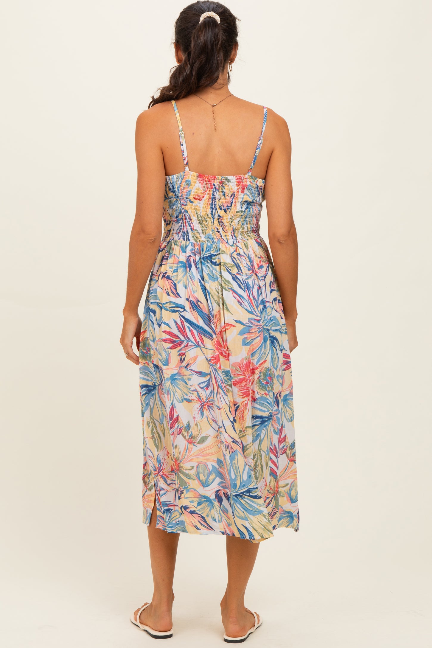 tropical midi dress Yellow Tropical Floral Twisted Front Cutout Midi Dress