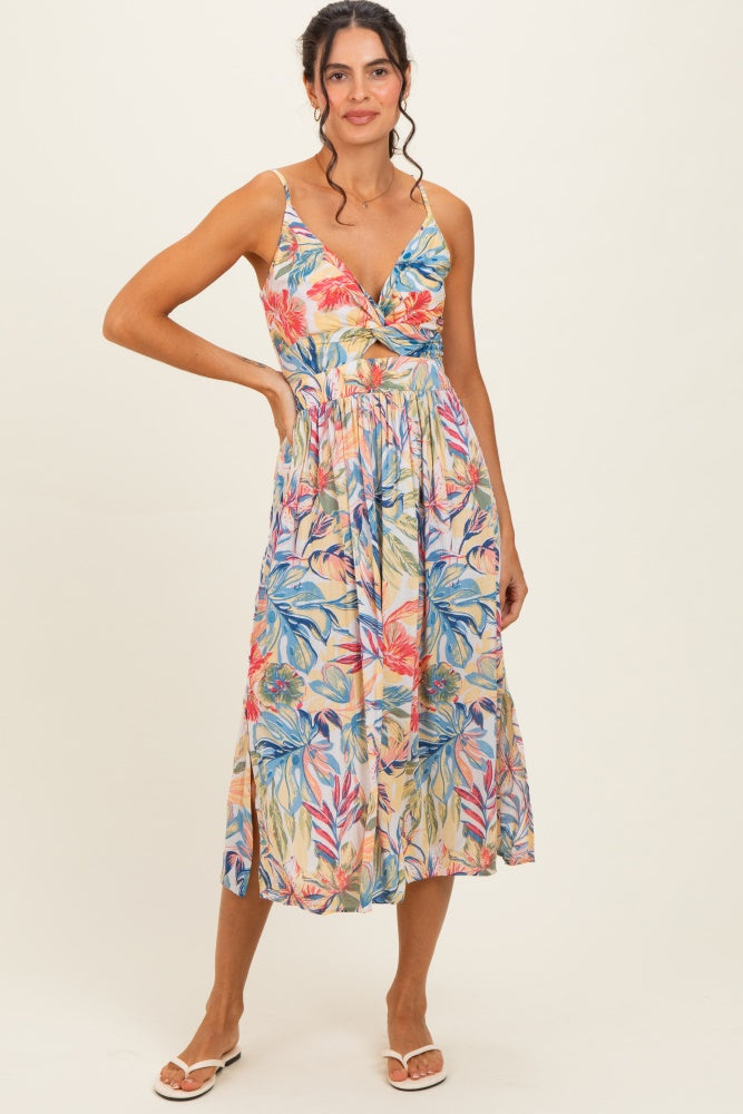 Yellow Tropical Floral Twisted Front Cutout Maternity Midi Dress PinkBlush Yellow Tropical Floral Twisted Front Cutout Maternity Midi Dress PinkBlush