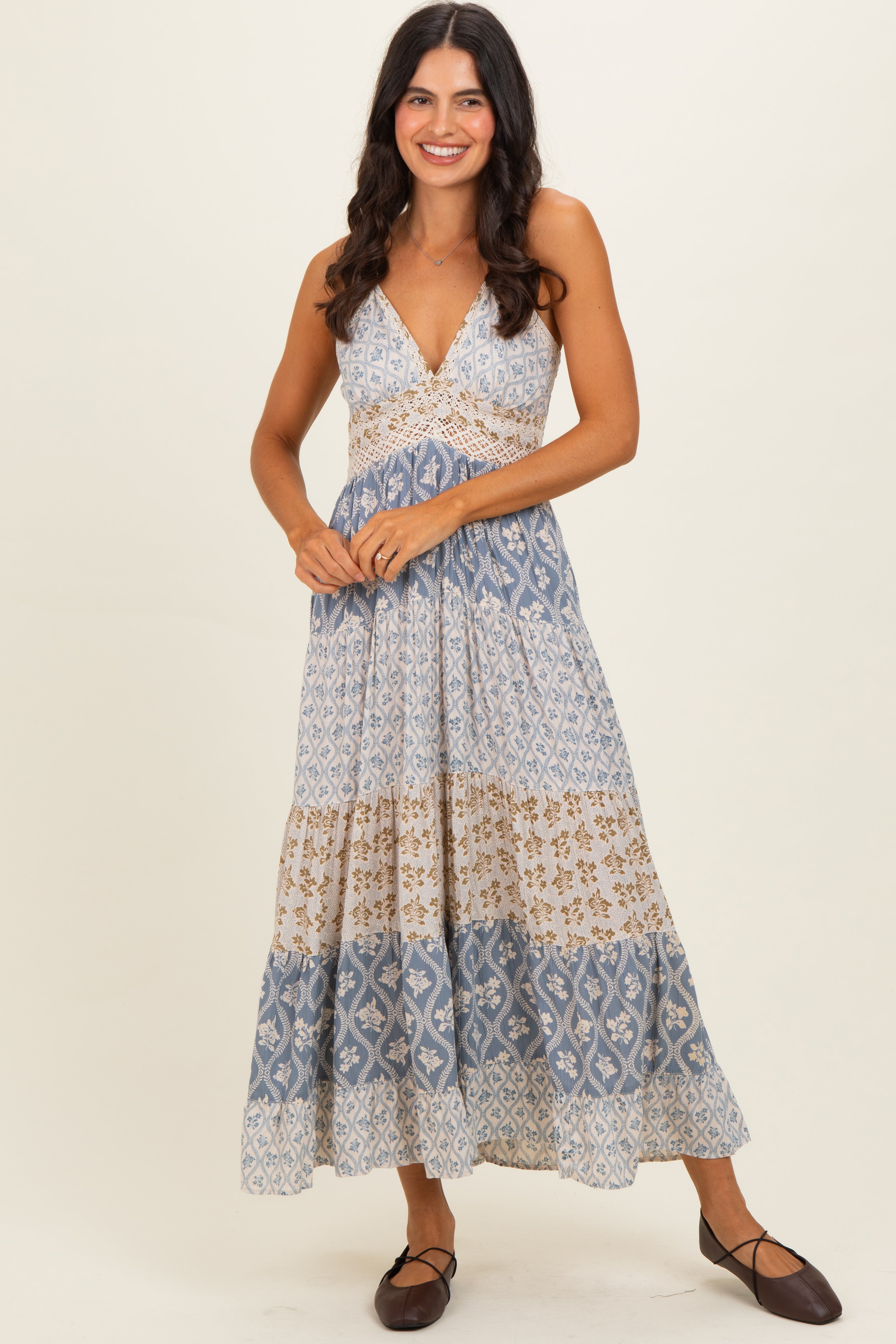 Vintage Blue Mixed Floral Lace Trim Maxi Dress PinkBlush Vintage Blue Mixed Floral Lace Trim Maxi Dress PinkBlush