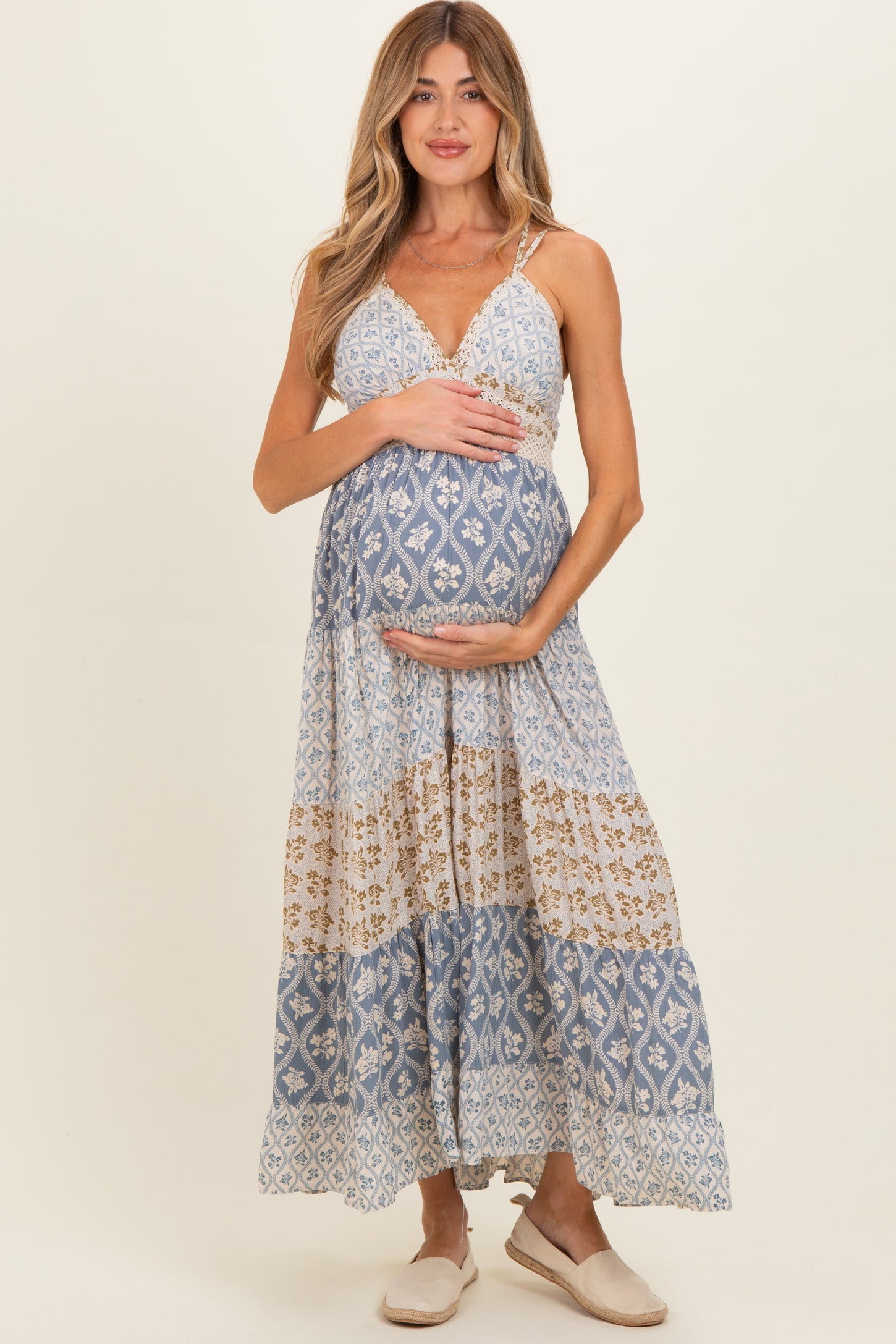 Vintage Blue Mixed Floral Lace Trim Maternity Maxi Dress