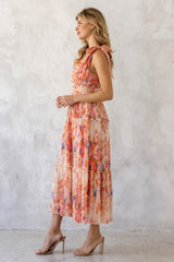 Peach Floral Plisse Shoulder Tie Dress