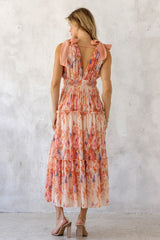 Peach Floral Plisse Shoulder Tie Dress