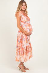 Peach Floral Plisse Shoulder Tie Maternity Dress