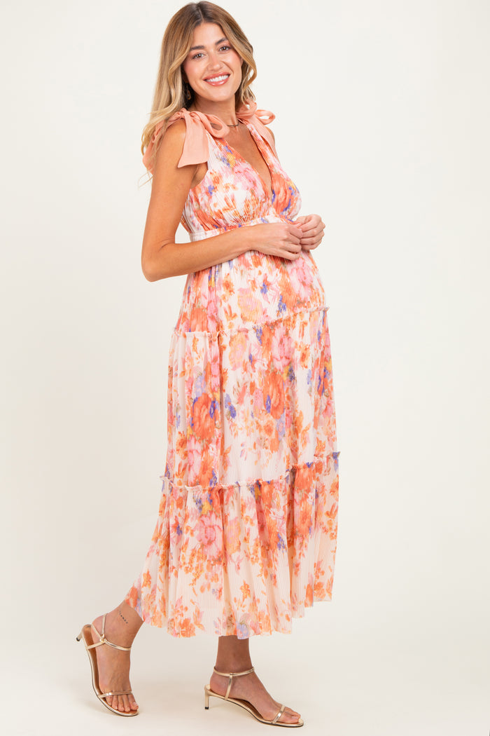 Peach Floral Plisse Shoulder Tie Maternity Dress