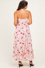 Pink Floral Shoulder Tie Ruffle Hem Maternity Maxi Dress