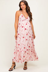 Pink Floral Shoulder Tie Ruffle Hem Maternity Maxi Dress