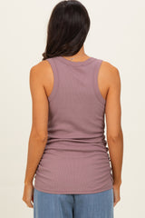 Dark Mauve Ribbed Sleeveless Ruched Tank Top