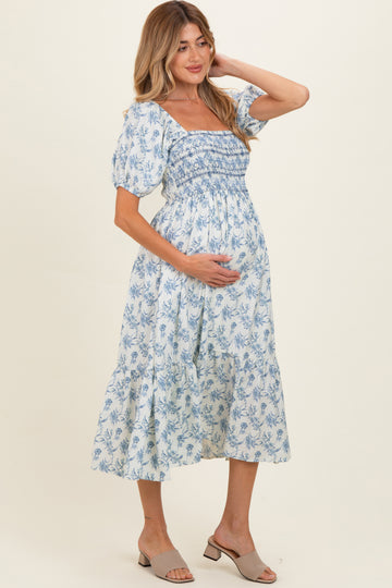 Porcelain Blue Floral Smocked Puff Sleeve Maternity Midi Dress