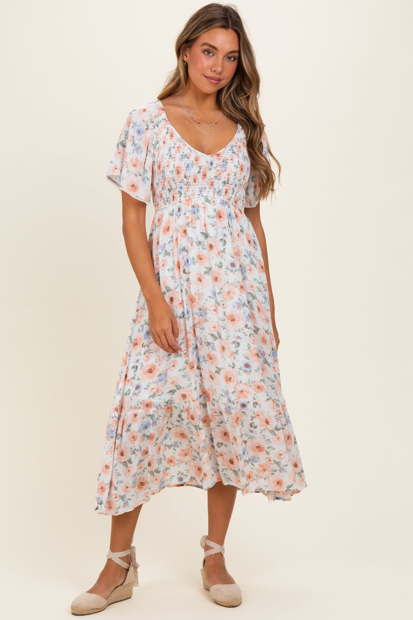 Multicolor Floral Smocked Flutter Sleeve Maxi Dress Multicolor Floral Smocked Flutter Sleeve Maxi Dress