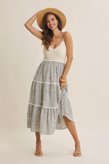 Dusty Mint Floral Crochet Knit Top Floral Skirt Dress
