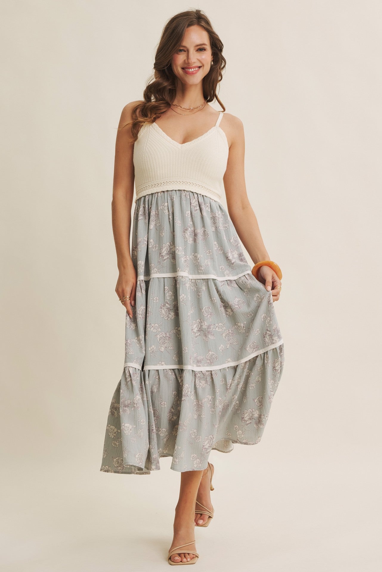 Dusty Mint Floral Crochet Knit Top Floral Skirt Dress