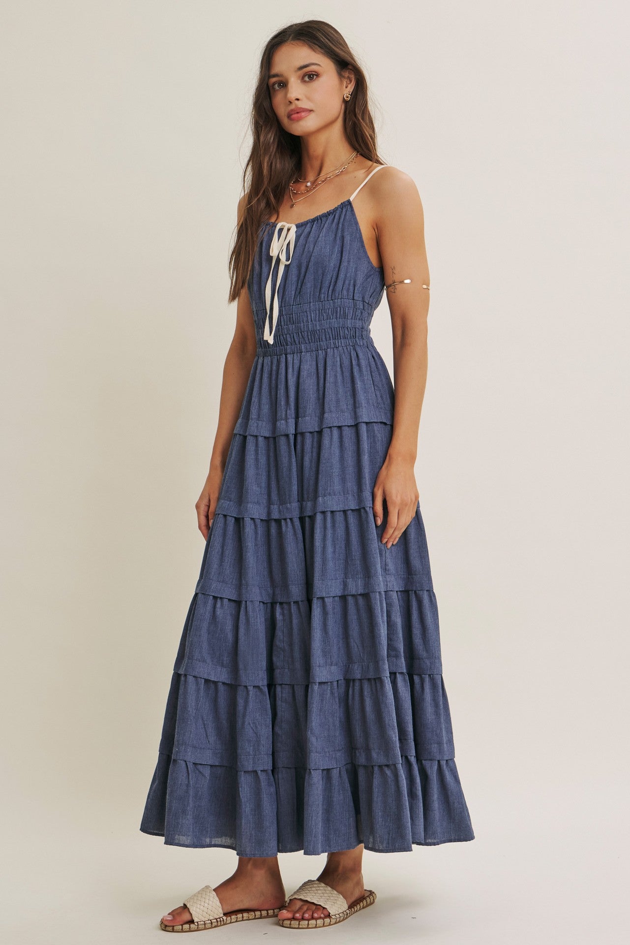 tiered denim maxi dress Button Down Small 34/51.5 Large Denim Blue Smocked Waist Tiered
