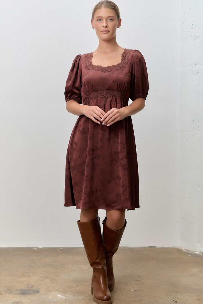 Brown Short Sleeve Lace Trim Dress