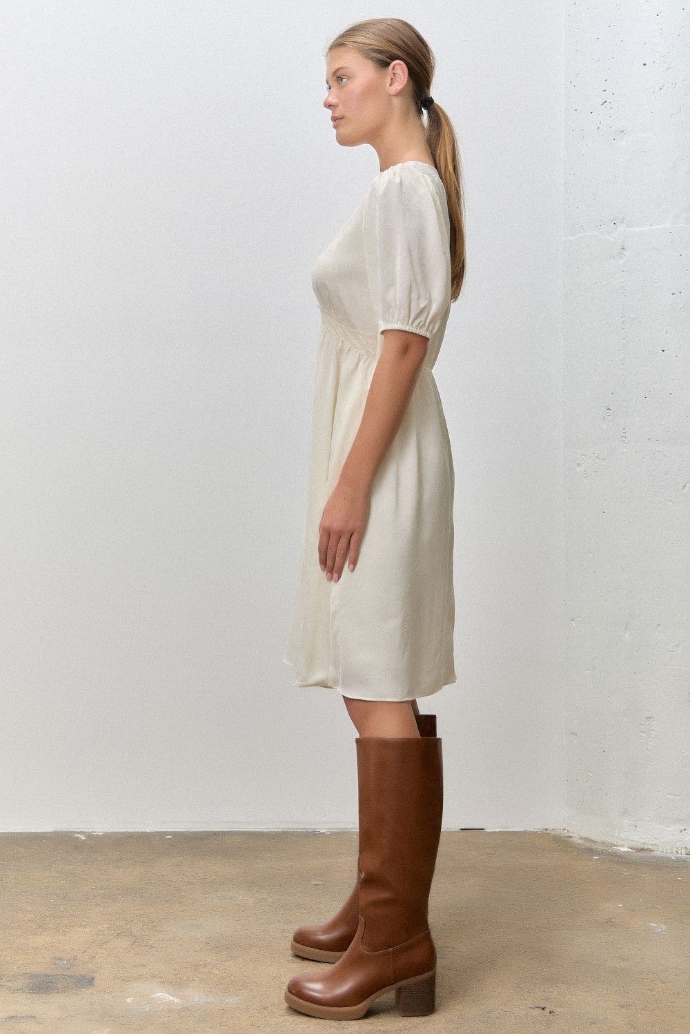 Cream Short Sleeve Lace Trim Dress