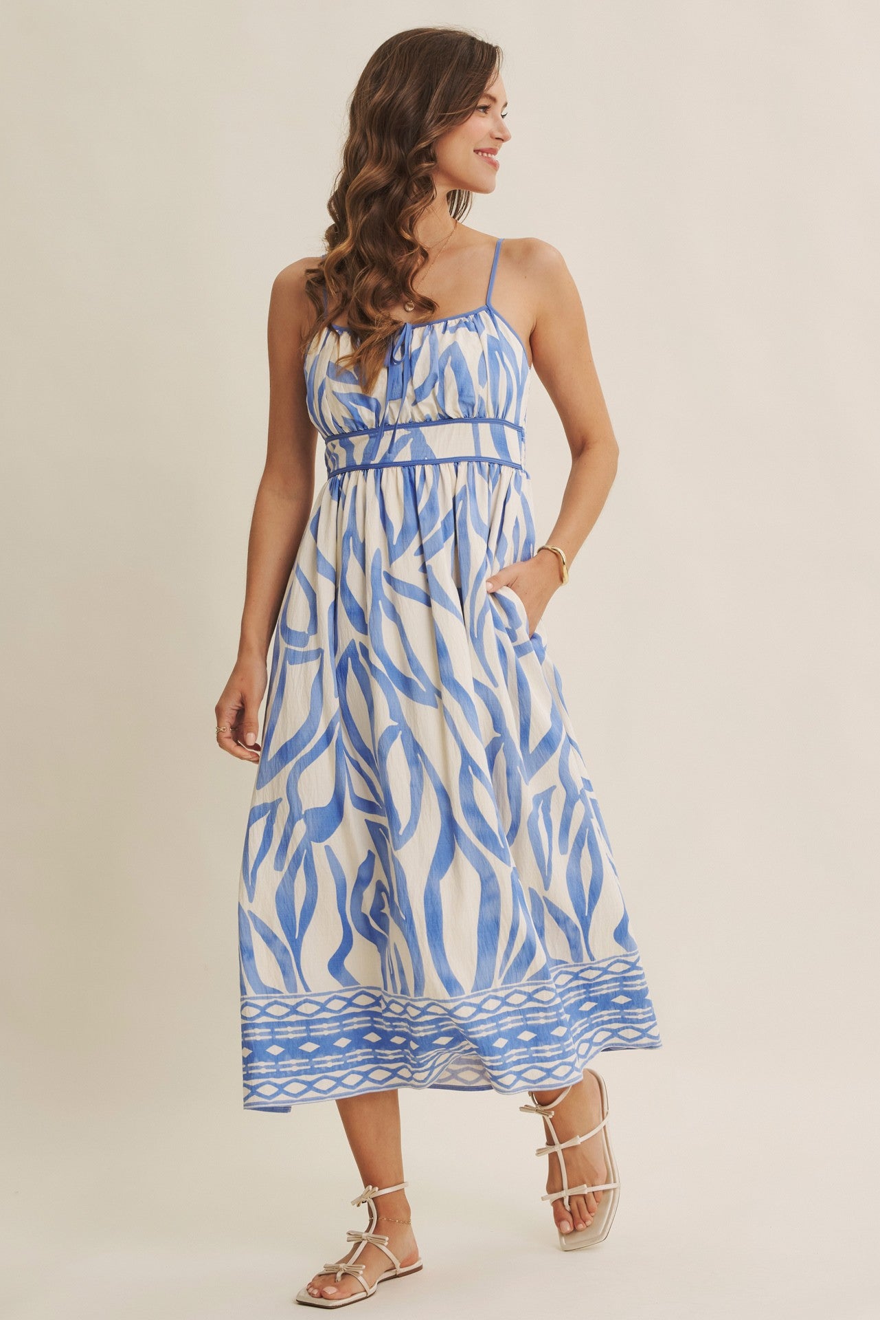 Blue Printed Front Tie Maternity Midi Dress