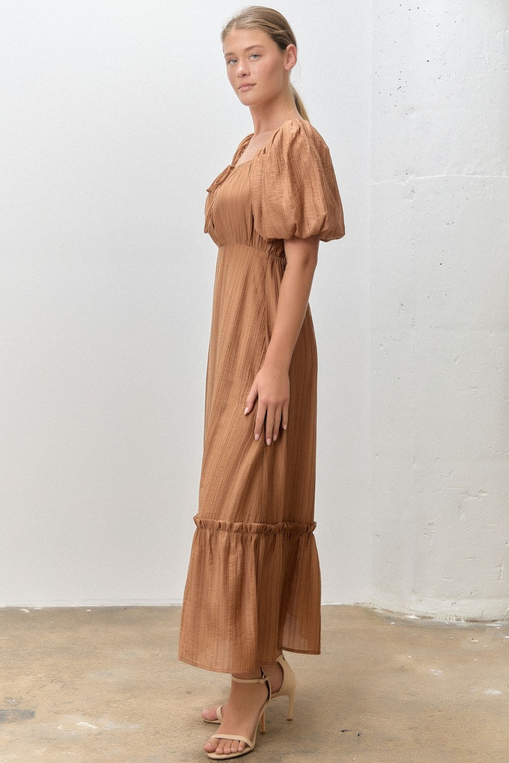 Mocha Textured Woven Square Neck Midi Dress