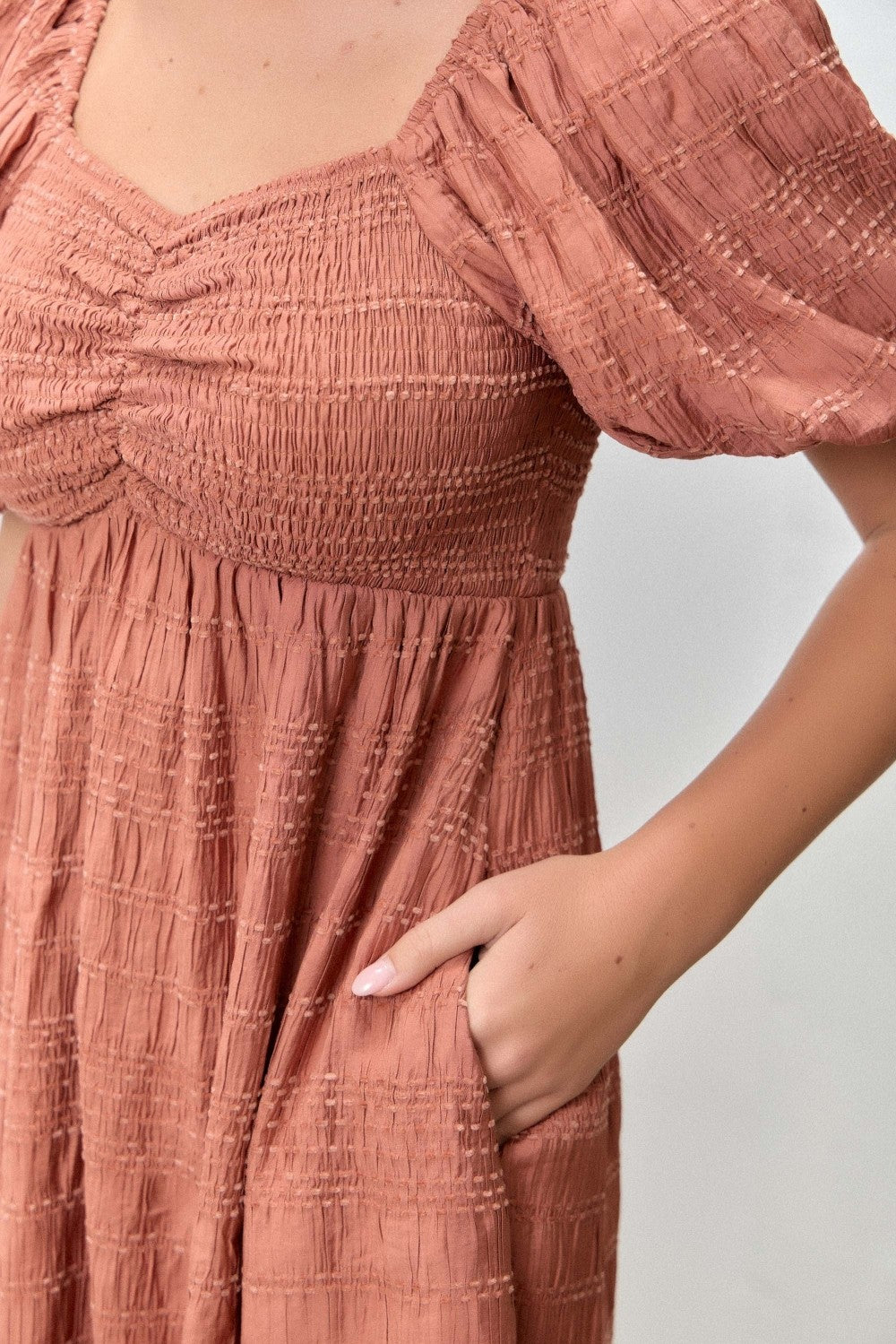 Brick Textured Bubble Sleeve Dress