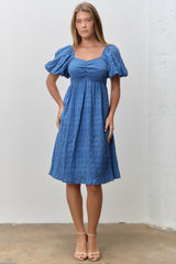 Blue Textured Bubble Sleeve Dress