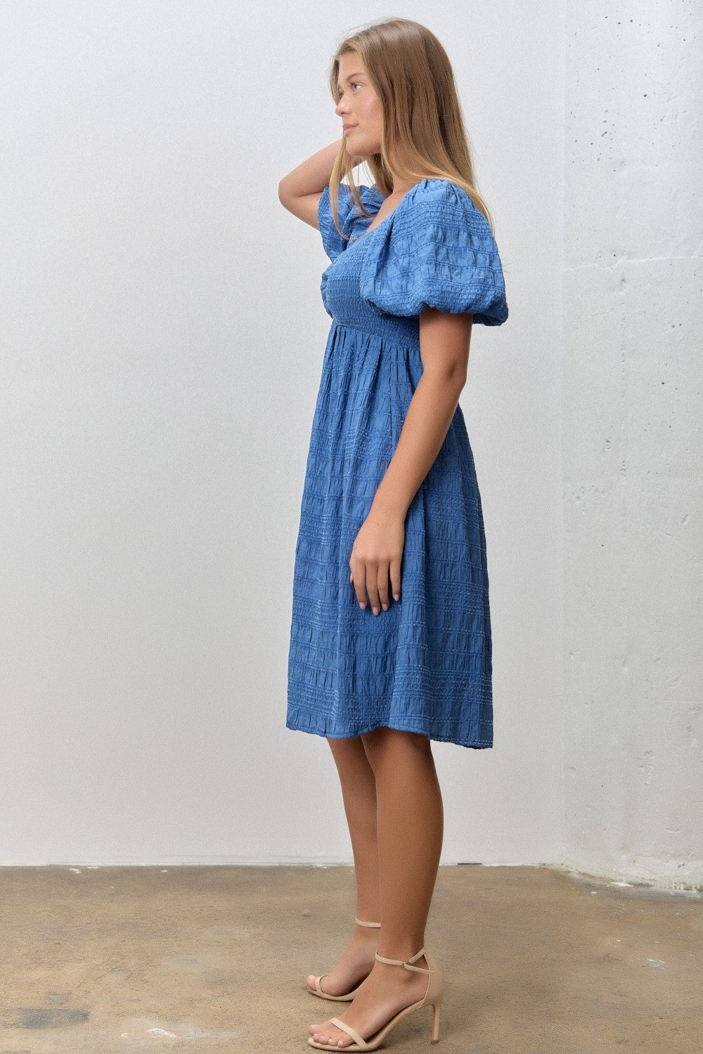 Blue Textured Bubble Sleeve Dress