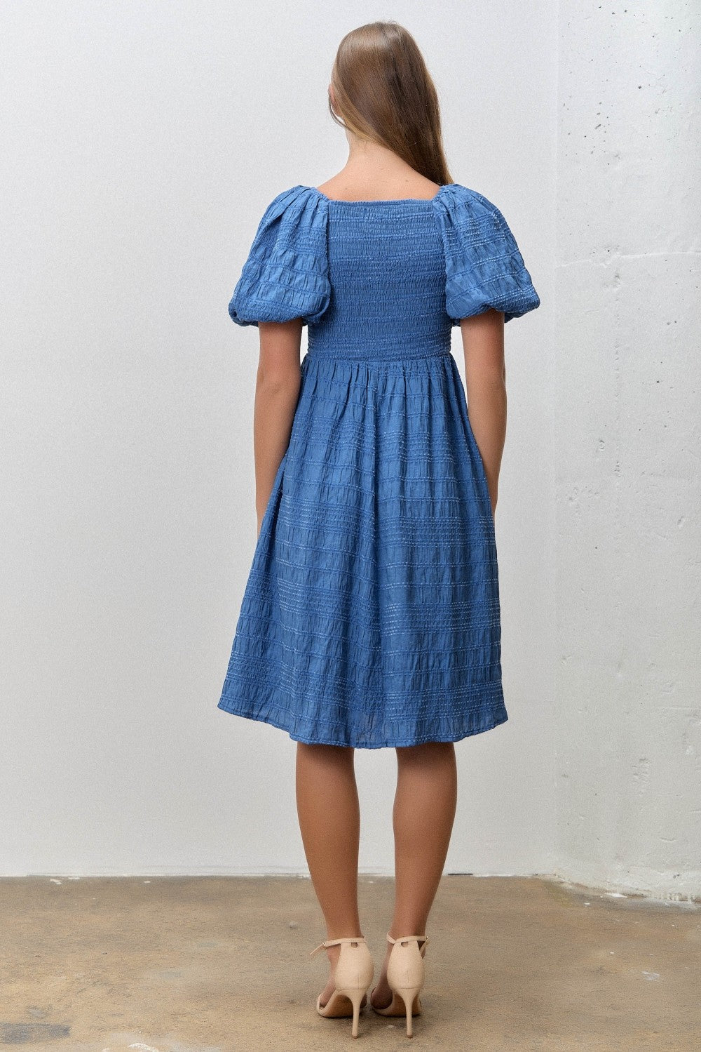 Blue Textured Bubble Sleeve Dress