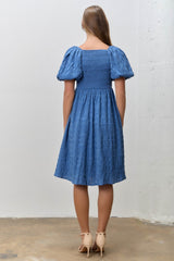 Blue Textured Bubble Sleeve Dress