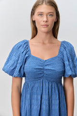Blue Textured Bubble Sleeve Dress