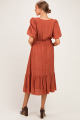 Brick Textured Square Neck Bubble Sleeve Maternity Midi Dress