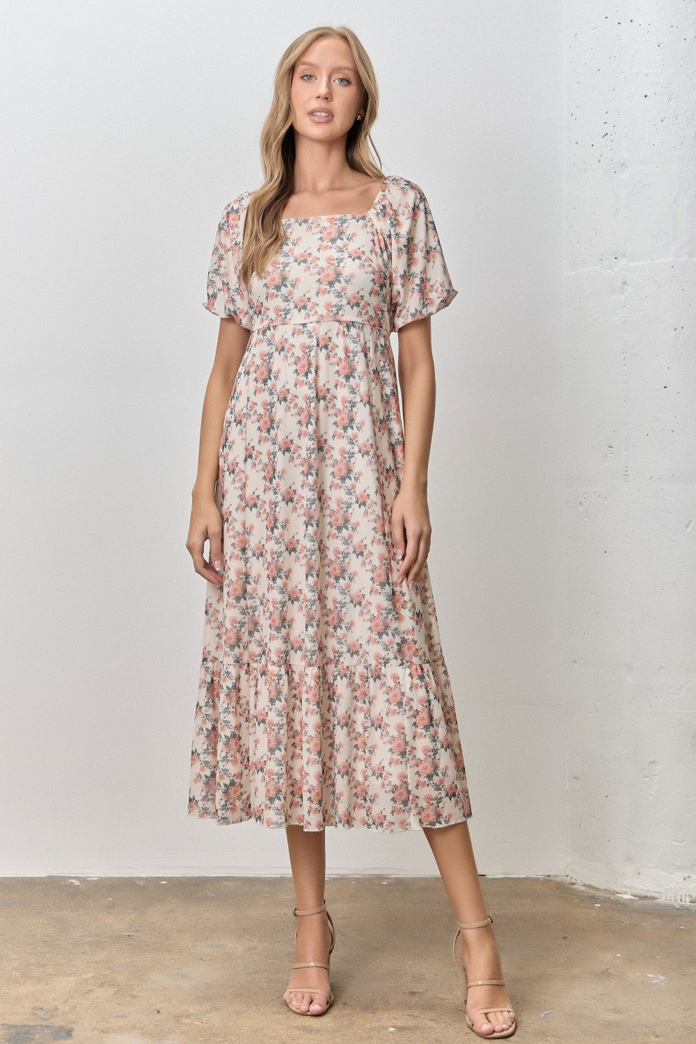 Cream Multi Floral Print Bubble Sleeve Maternity Midi Dress