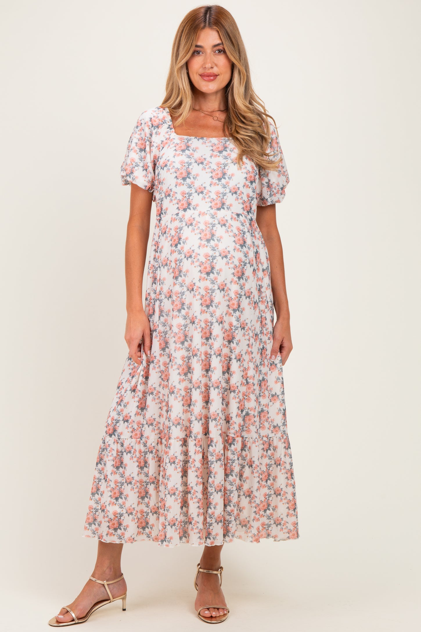 Cream Multi Floral Print Bubble Sleeve Maternity Midi Dress