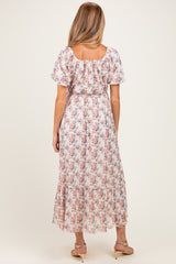 Cream Multi Floral Print Bubble Sleeve Maternity Midi Dress