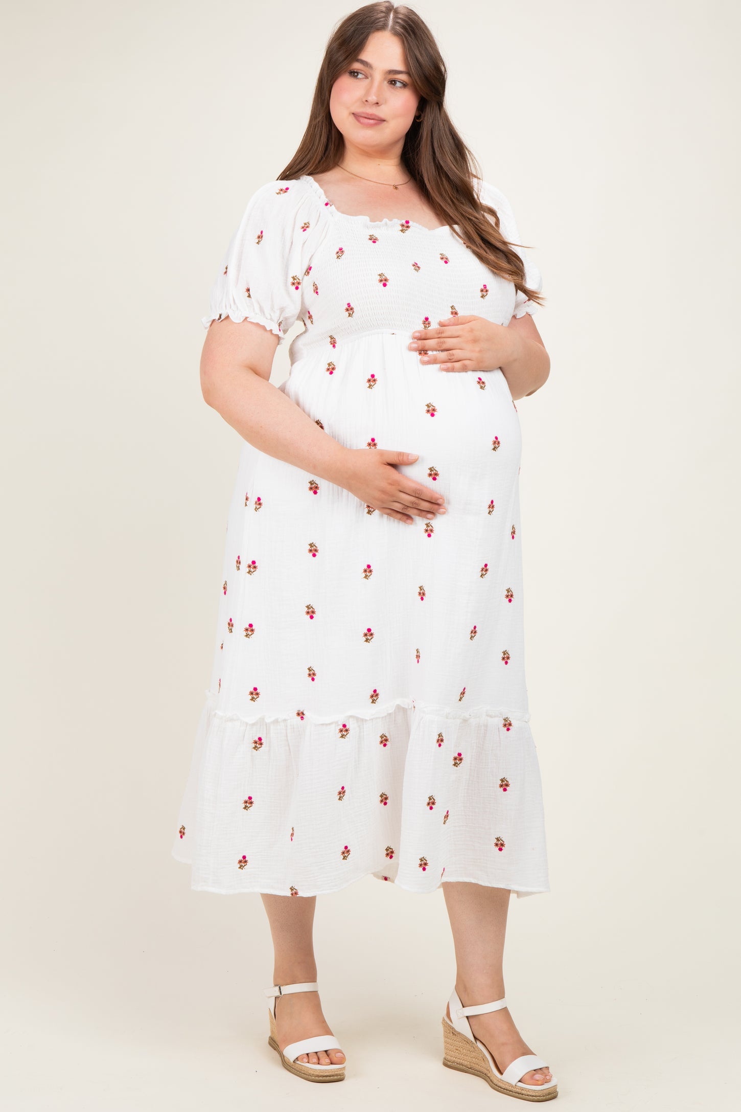 Ivory Embroidered Smocked Plus Maternity Midi Dress