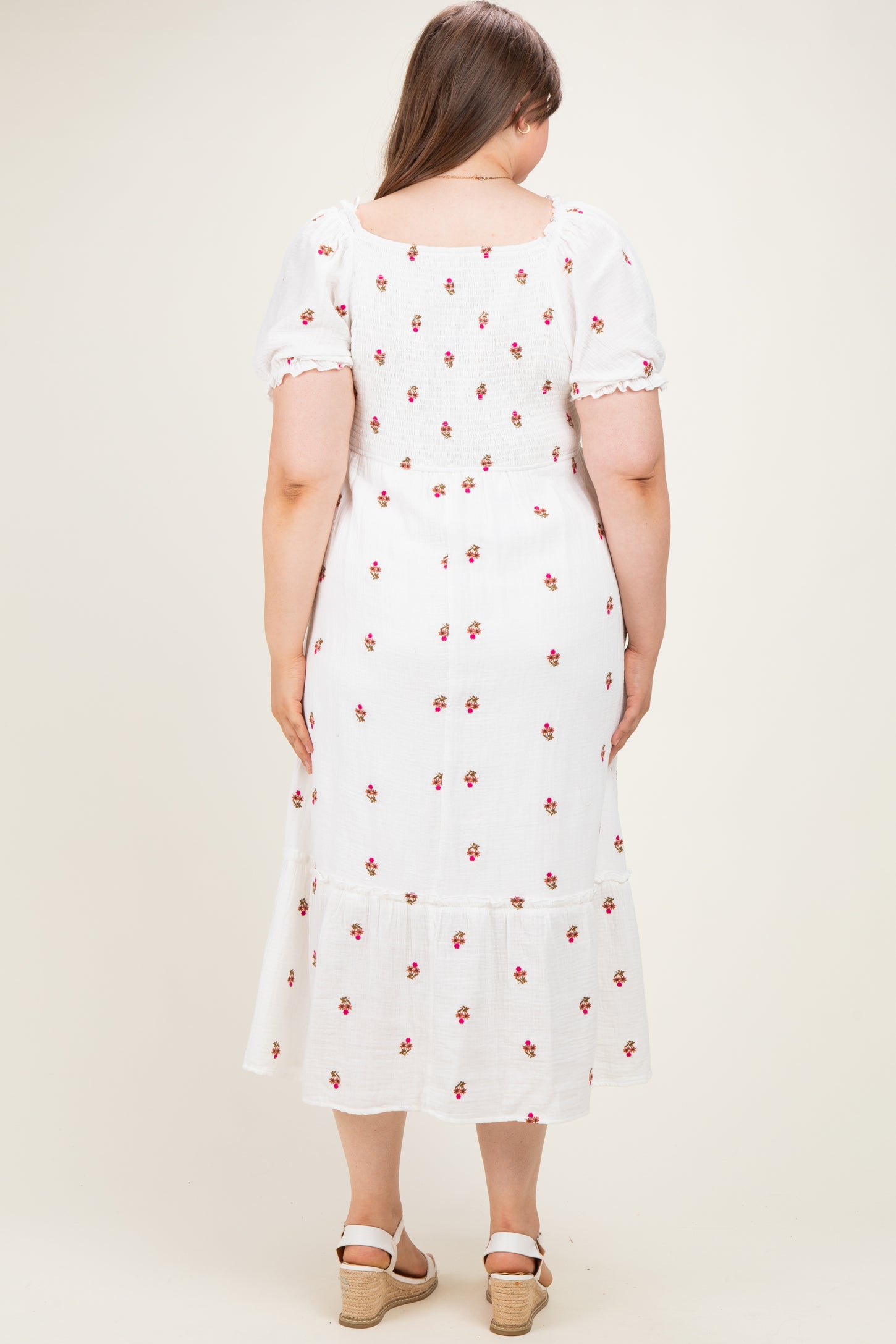 Ivory Embroidered Smocked Plus Maternity Midi Dress