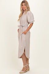 Sand Striped Puff Sleeve Midi Shirt Dress