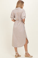 Sand Striped Puff Sleeve Midi Shirt Dress