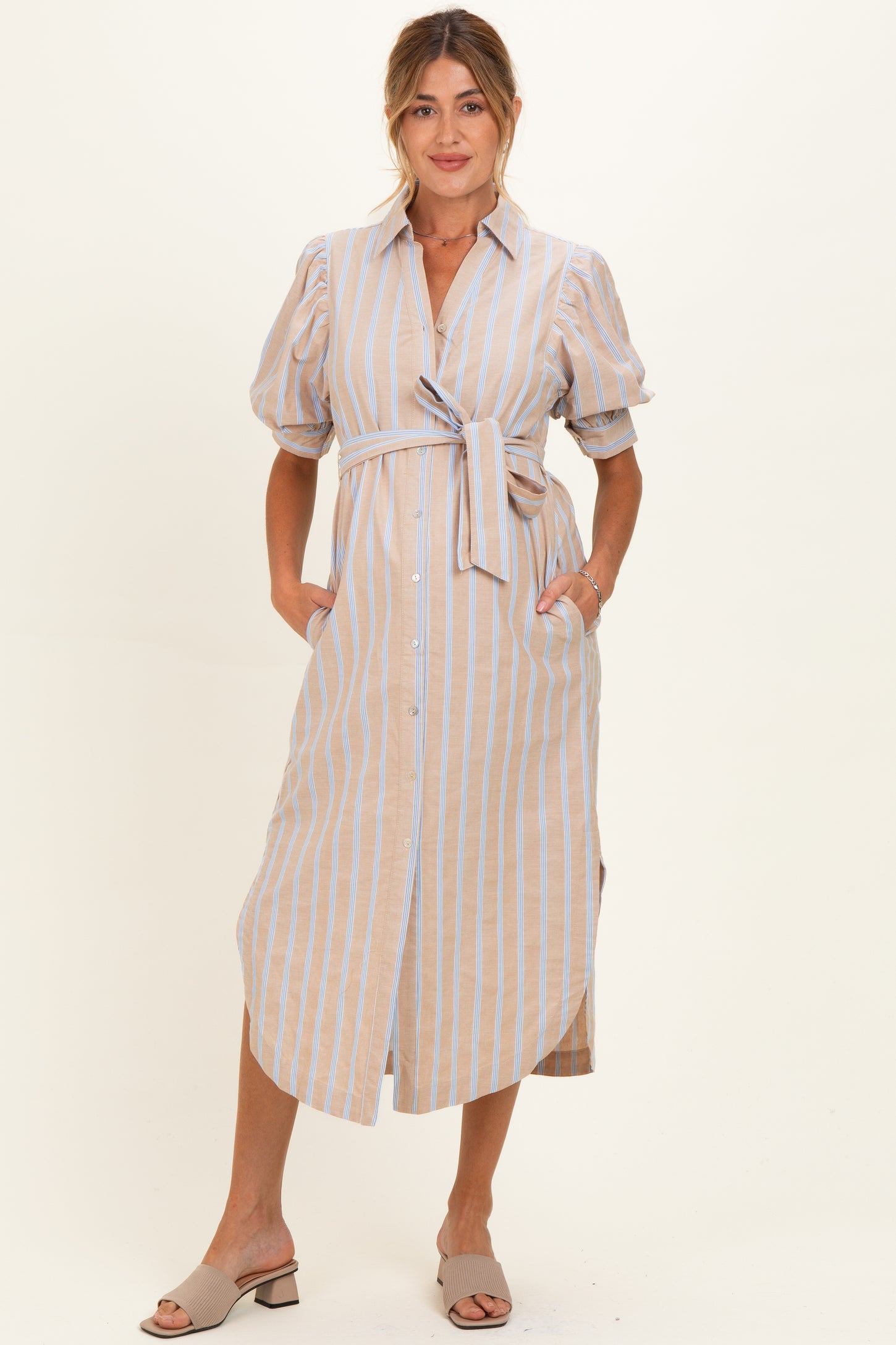 Sand Striped Puff Sleeve Maternity Midi Shirt Dress