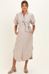 Sand Striped Puff Sleeve Maternity Midi Shirt Dress