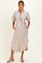Sand Striped Puff Sleeve Maternity Midi Shirt Dress